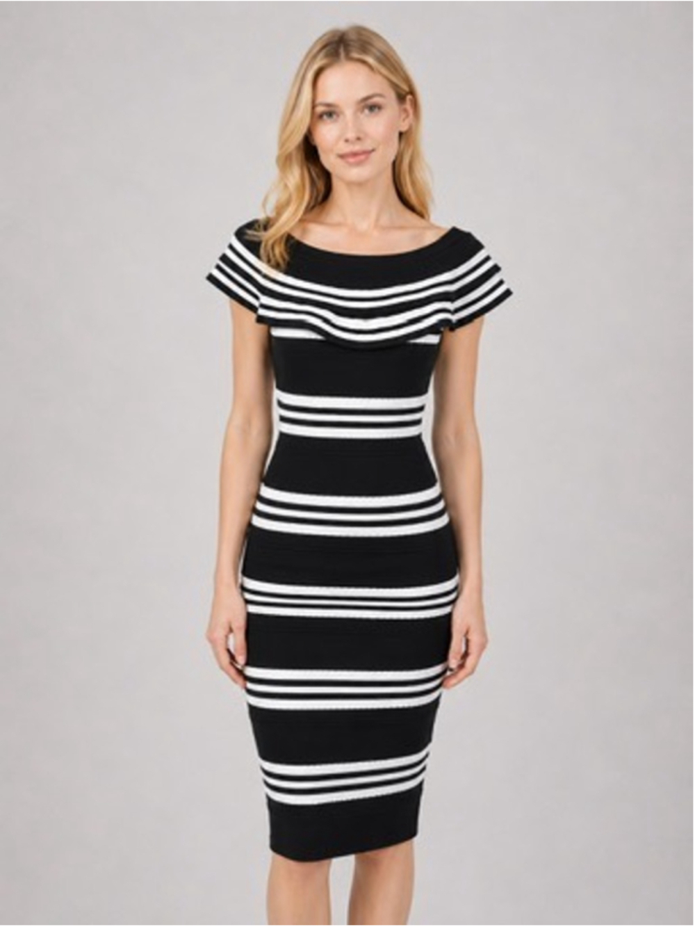Frank Lyman Stripe Sheath Dress Black White Off Shoulder Cocktail Midi Size S